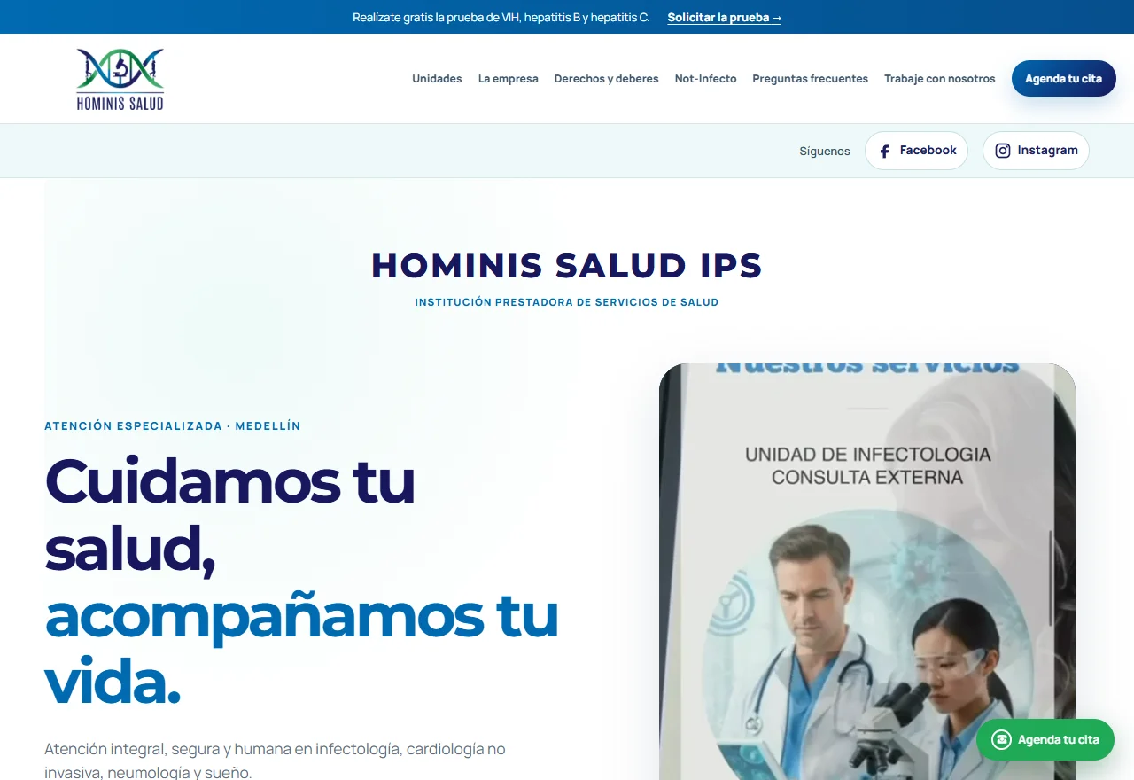 Captura de la web Hominis Salud IPS: presentación institucional, servicios y acceso a contacto.